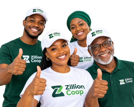 Four smiling Zillion Coop team members in branded green and white shirts and caps, giving thumbs up